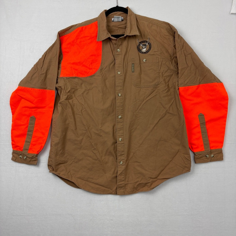Columbia Hunting Shirt Mens XL Tan Blaze Orange Shooting Patch Cotton AM7736